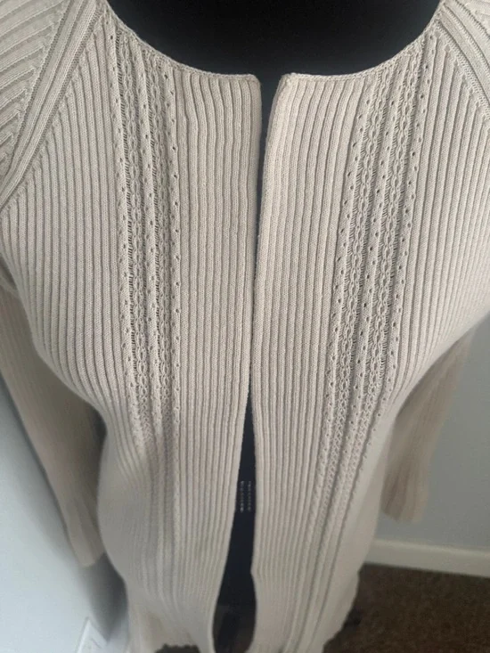 Express Long Ribbed Open Front Cardigan - Cream - Picture 2 of 6